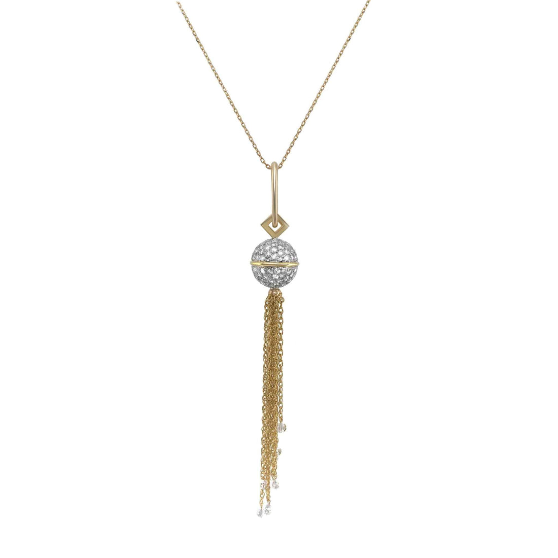 Elegant Diamond Sphere Necklace with 3.15 carat VS diamond, 18K yellow and white gold, adjustable chain, and tassel pendant