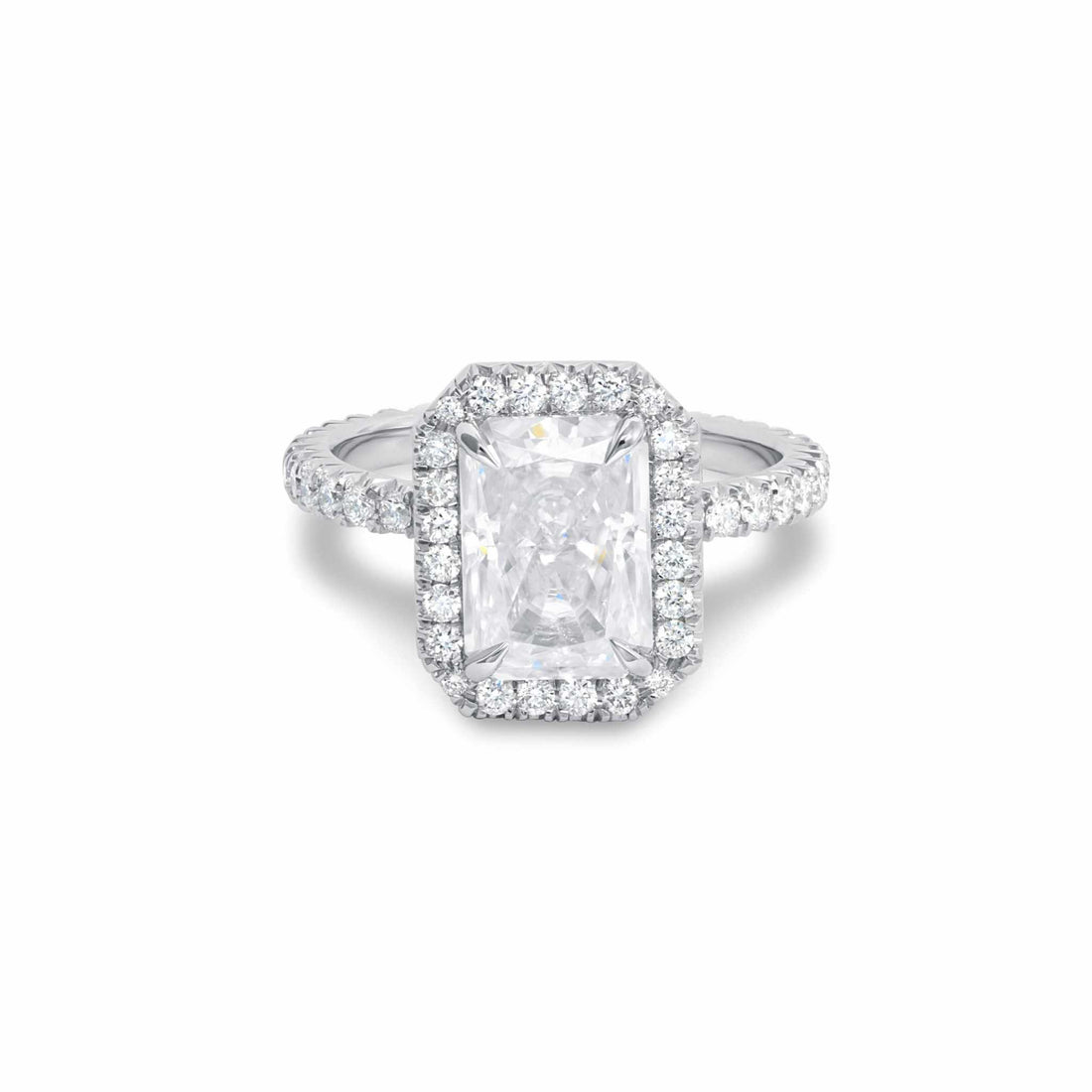 Alara Engagement Ring with 4-carat radiant-cut moissanite and pavé diamond setting in platinum band