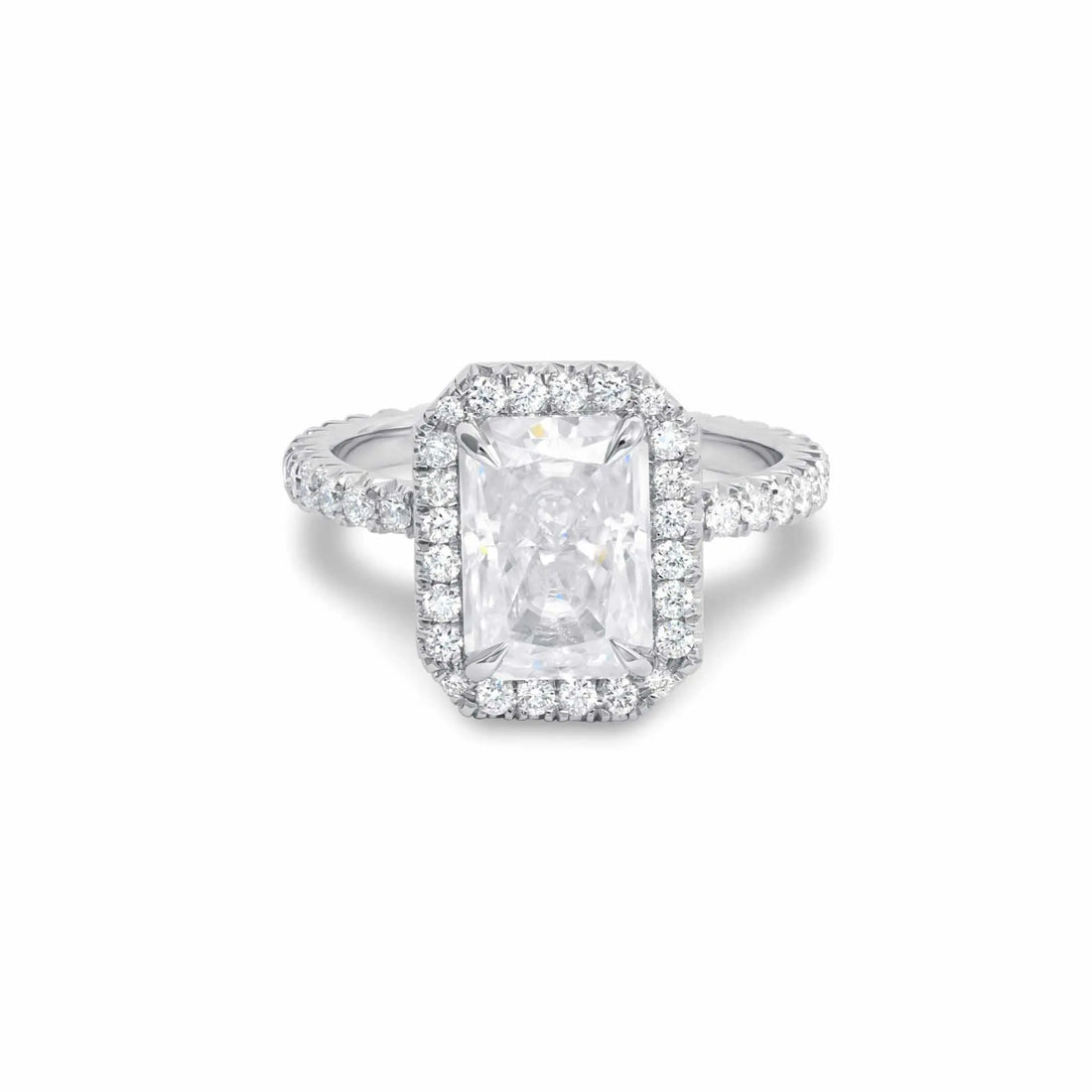 Alara Engagement Ring with 4-carat radiant-cut moissanite and pavé diamond setting in platinum band