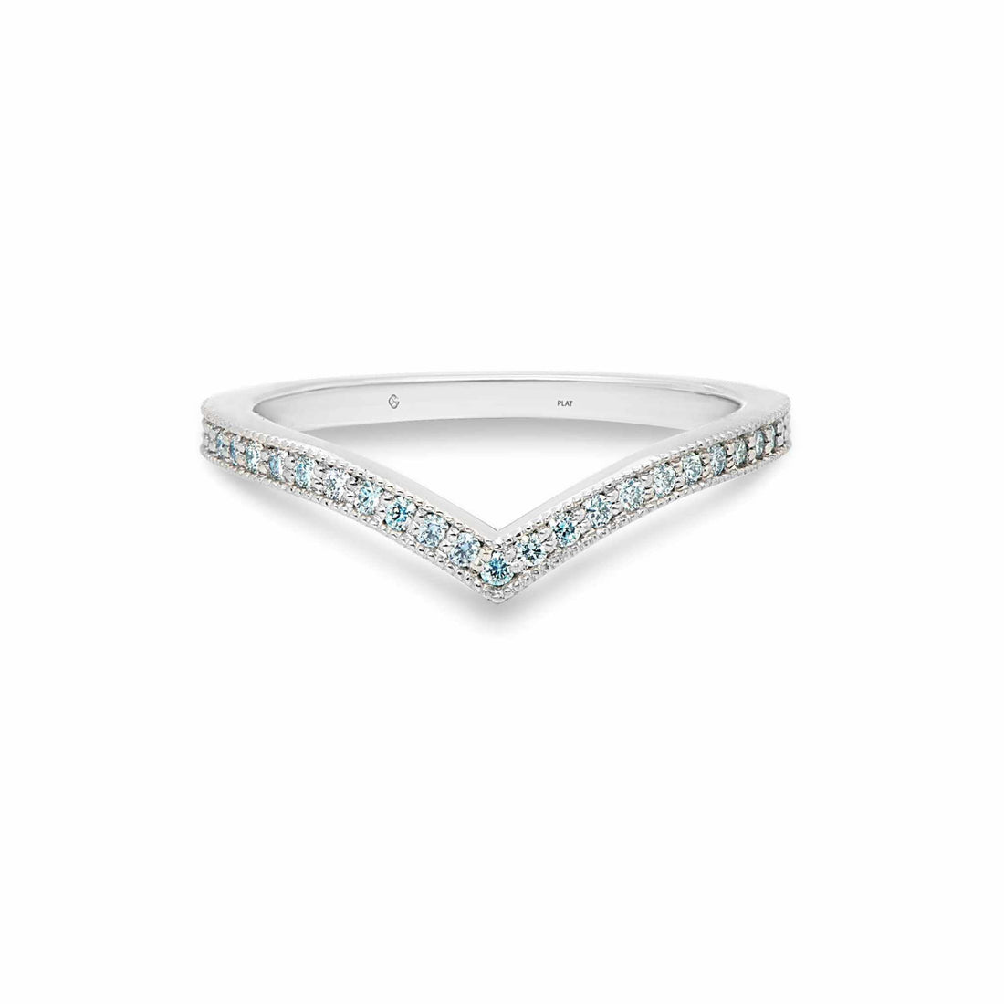 Ava Wedding Band in white gold with milgrain edge and blue diamonds, V-shaped design.