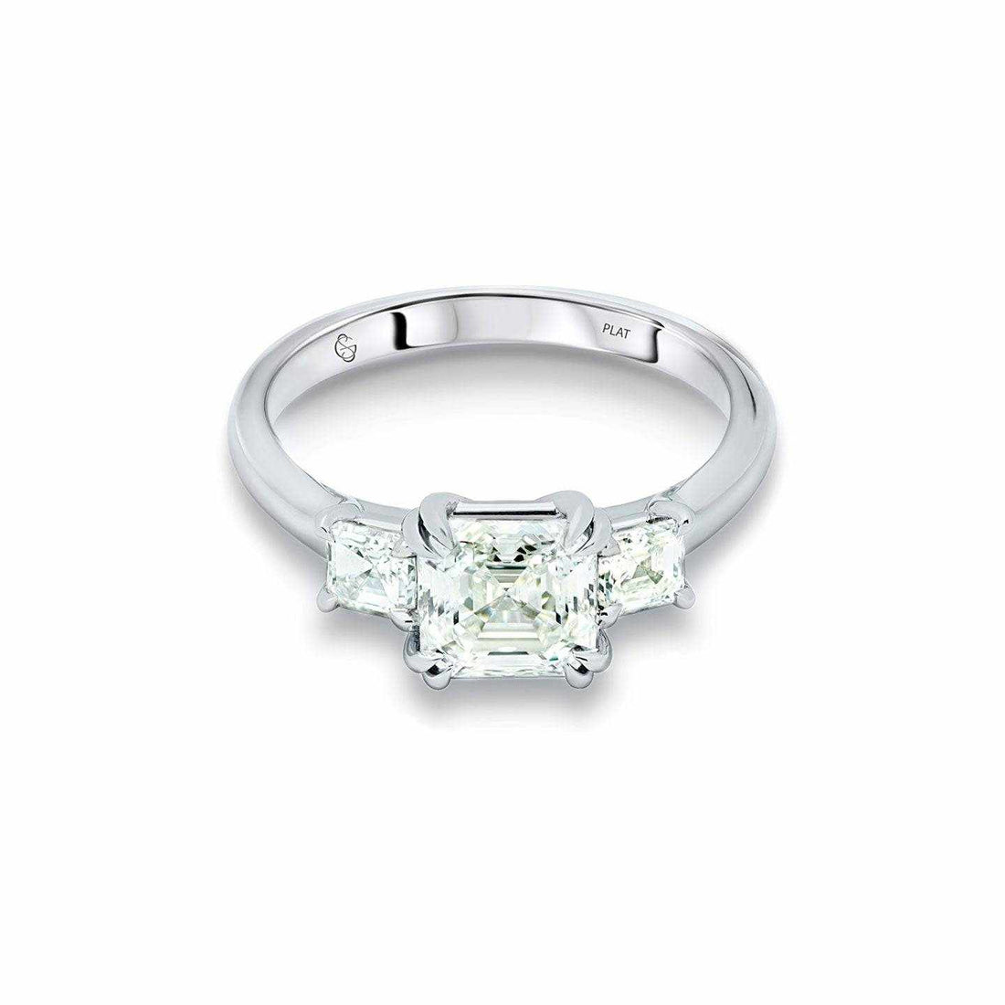 Leeba Three Stone Engagement Ring with 2ct Asscher-cut center diamond and 0.5ct Asscher-cut side stones in a sleek platinum band