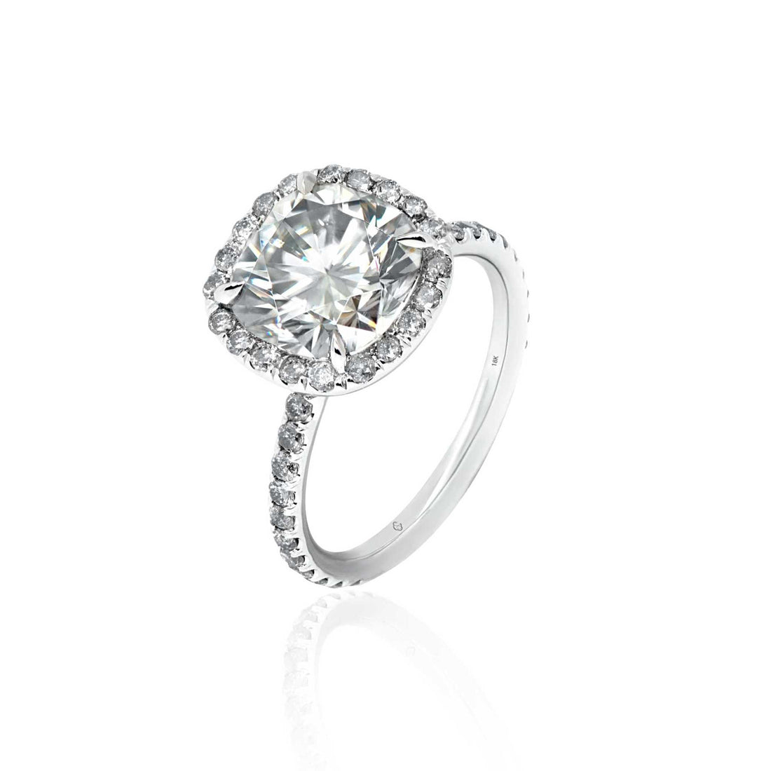 Lilah Engagement Ring with 2ct cushion cut lab grown diamond and 18K white gold setting with salt and pepper diamonds