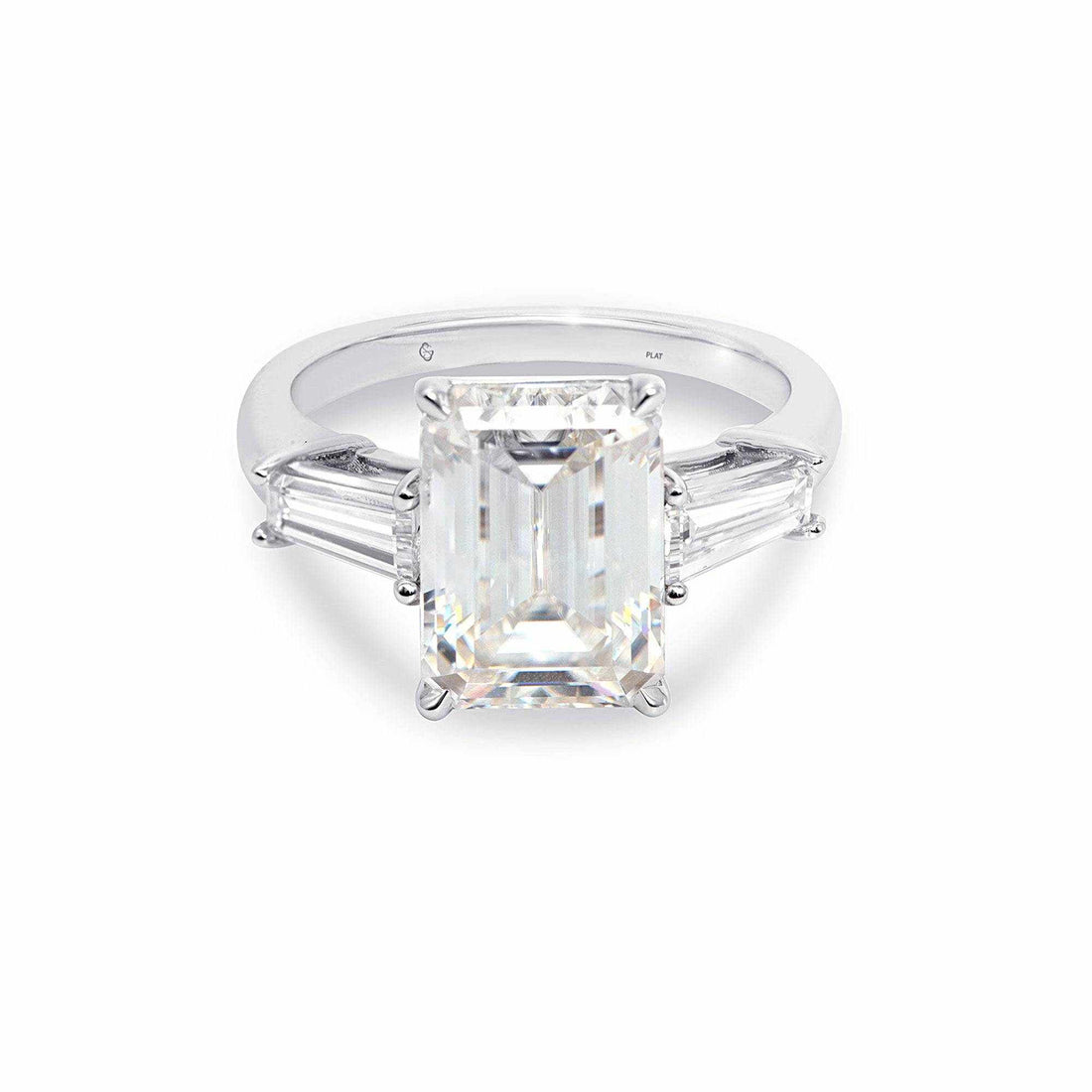 Meira three stone engagement ring with emerald-cut center diamond and baguette side stones in white gold