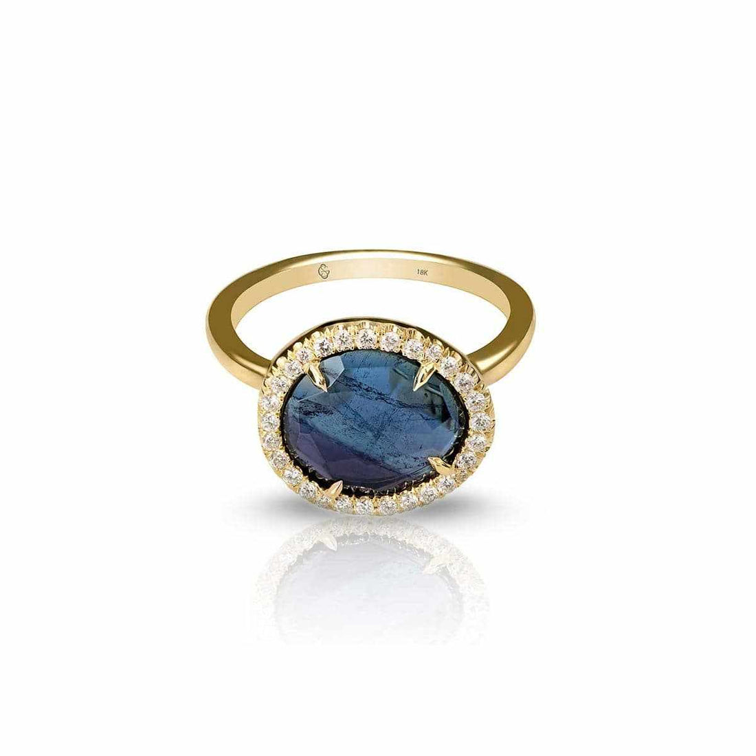 18k yellow gold Gina Tourmaline Ring with rose-cut blue tourmaline center and VS diamond halo setting