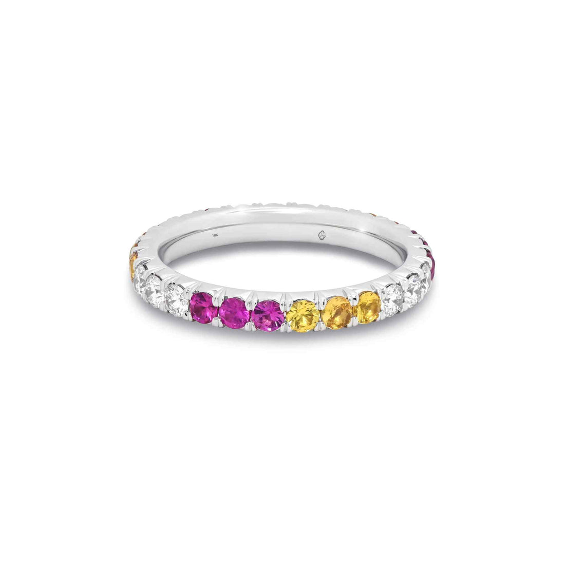 Platinum eternity band with alternating pink, yellow sapphires, and diamonds