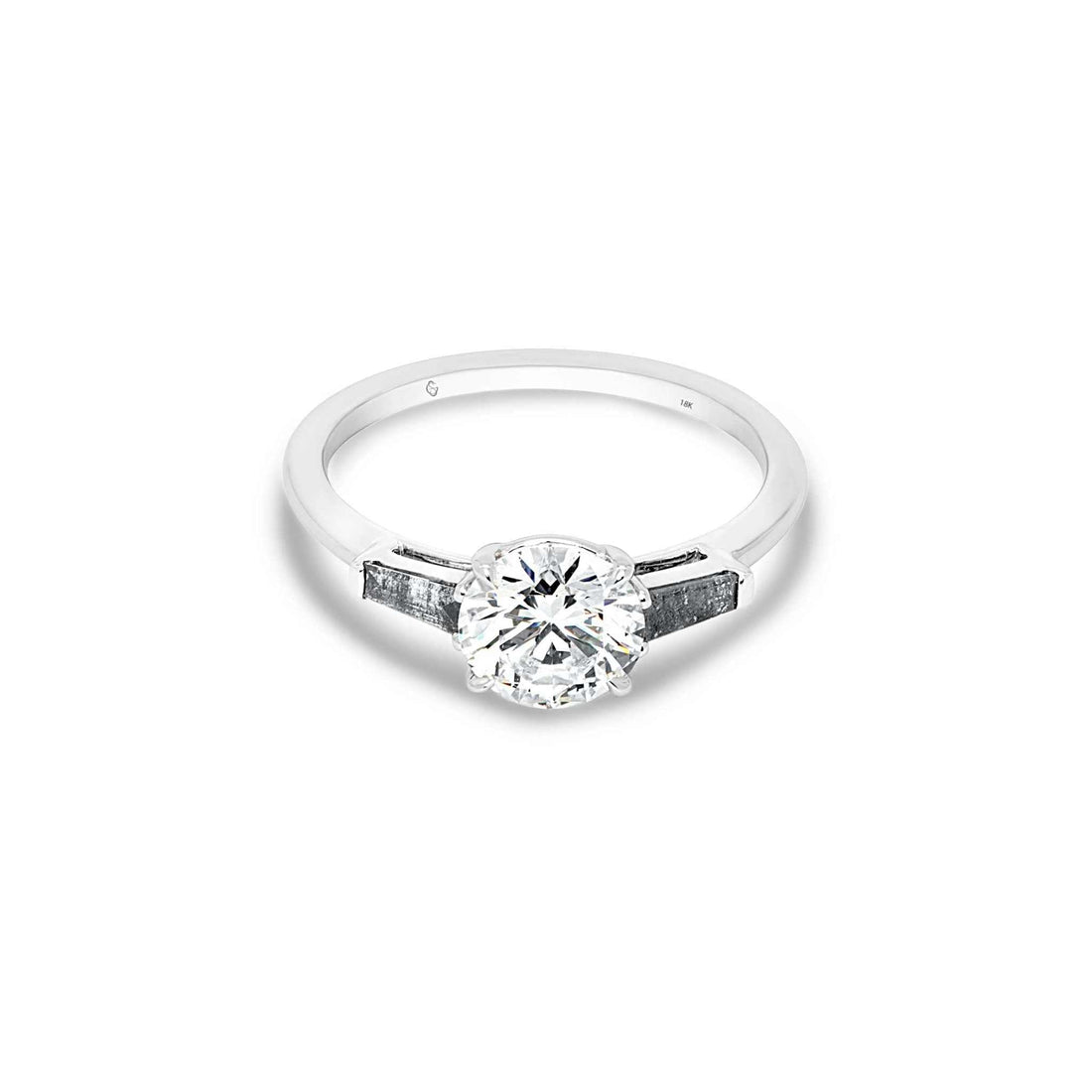 Sierra Three Stone Engagement Ring with 1.6-carat salt-and-pepper diamond and two gray baguette diamonds on silver band