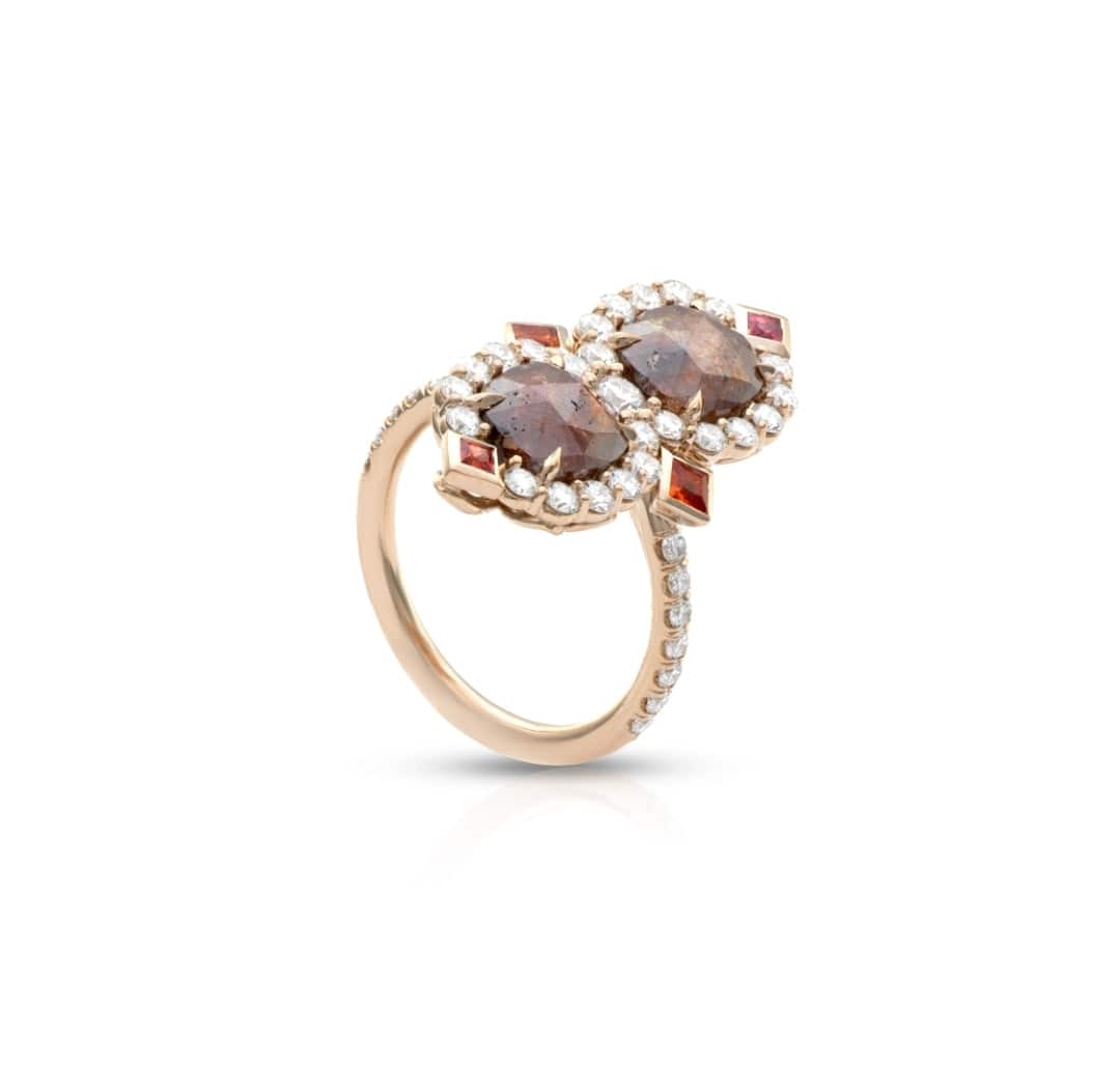 Sherah Rose Cut Diamond Ring with rose gold, rose cut diamonds, princess cut sapphires, and delicate vintage design