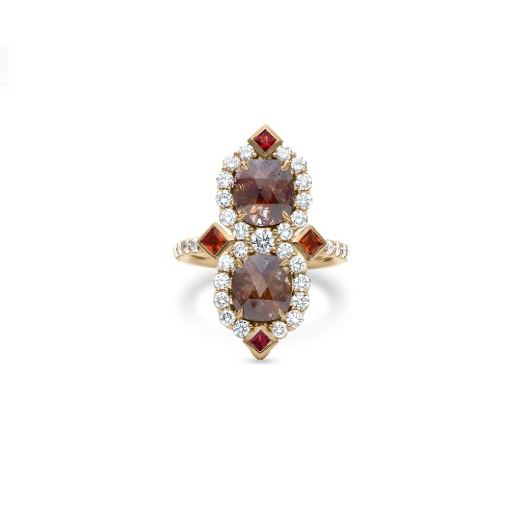 Sherah Rose Cut Diamond Ring with rose gold, rose cut diamonds, and princess cut sapphires in elegant design